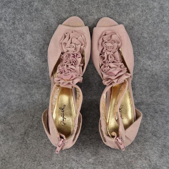 Qupid Shoes Womens 7 High Heel Platform Pumps Peep Toe Ruffle T Strap Back Zip - Picture 7 of 14